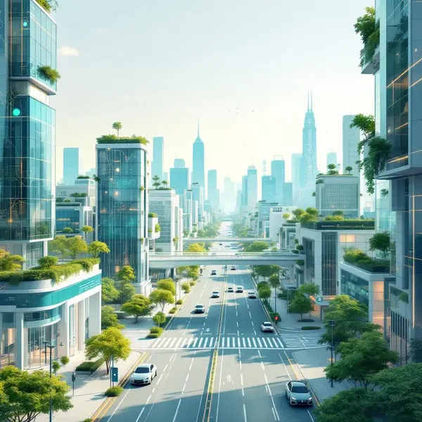 Yapay zeka ile optimize edilmiş akıllı şehirde trafik ve veri yönetimi görülüyor.