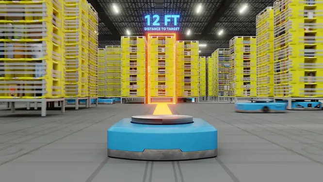 Amazon fabrikasında çalışan endüstriyel robotların iş gücüne entegrasyonu gösteriliyor.