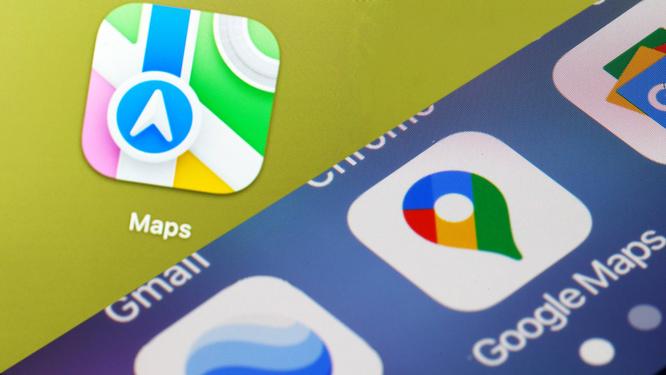 Google Maps ve Apple Maps arasında konum verisi aktarımını gösteren telefon ekranları.