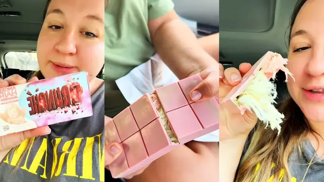 Pastel pembe beyaz çikolata içinde pişmaniye ve fıstık kreması bulunan Angel Hair çikolatası.