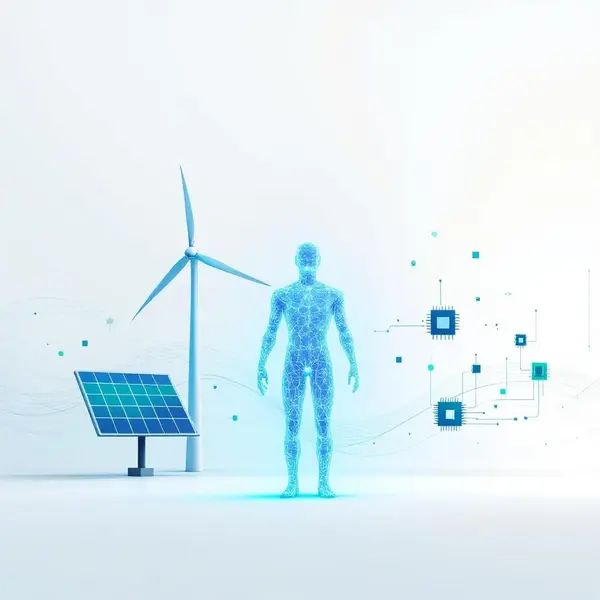 Güneş panelleriyle çevrili yenilenebilir enerji santrali manzarası.